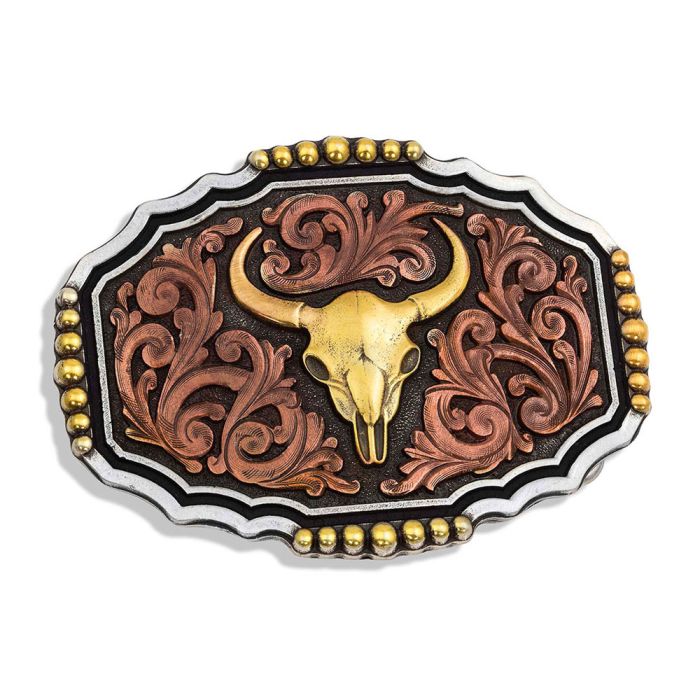 Montana Western Belt Buckle - Tri-colour Steer Skull - Front
