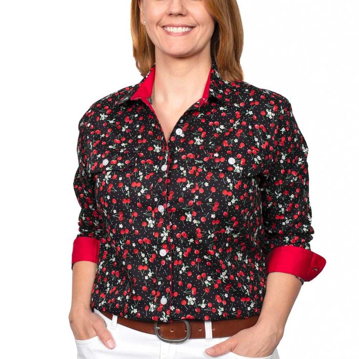 Just Country Abbey Print Shirt - Full Button - Black Cherry Bomb- Sz 8 & 20 Only