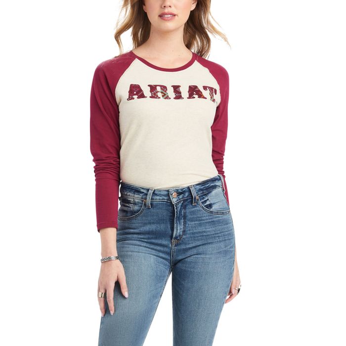 Ariat REAL Ariat Baseball Shirt - Oatmeal Heather /Beet Red