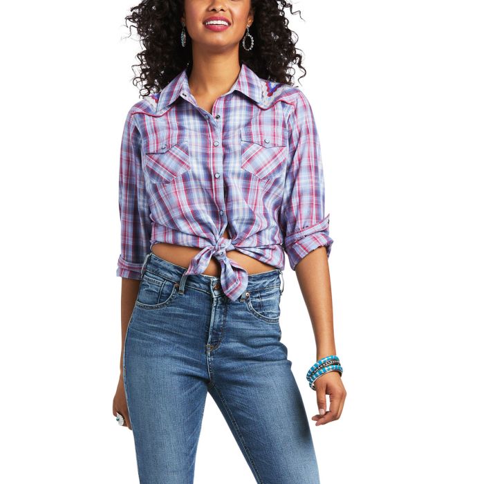Ariat Ladies Real Cornflower Long Sleeve Shirt - Cornflower Plaid - Sz XL Only