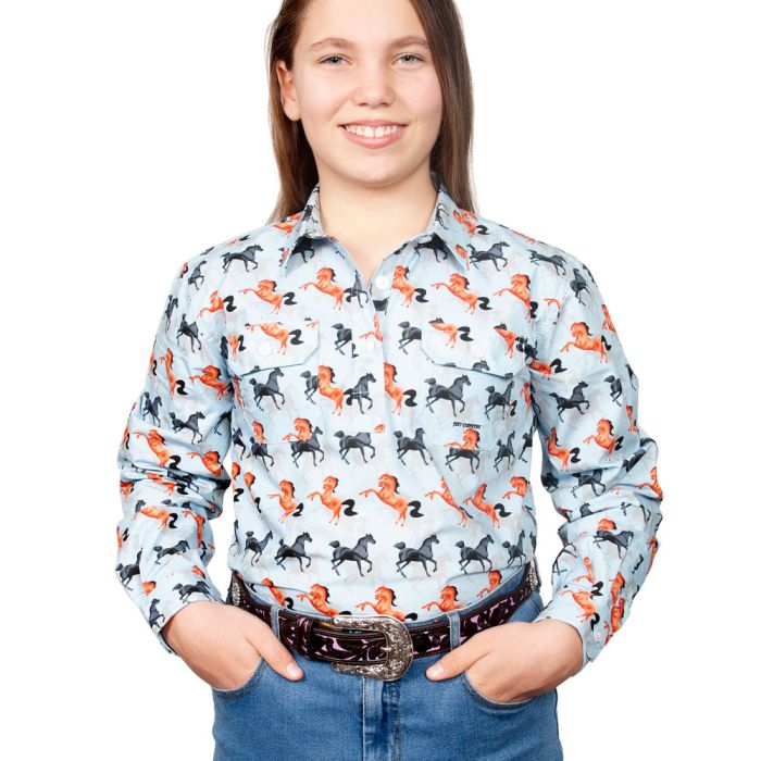 Just Country Harper Girls Work Shirt - 1/2 Button - Sky Blue Horse