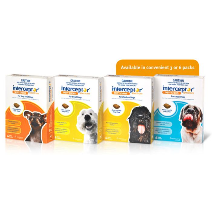 Interceptor Spectrum comes in a delicious, chicken-flavoured tasty chew formulation that most dogs love.  A treatment that dogs love No more tricks, traps or force feeding.
