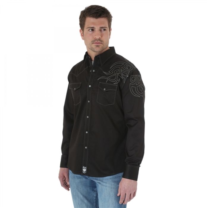 Mens Casual Clothing - Wrangler Rock 47 Long Sleeve Spread Collar Solid  Shirt - Black