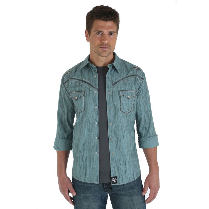 Mens Casual Clothing - Wrangler Rock 47 Long Sleeve Spread Collar Printed  Shirt - Green
