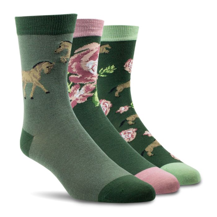 Ariat Ladies Novelty Crew Socks - 3 PK - Floral Horse