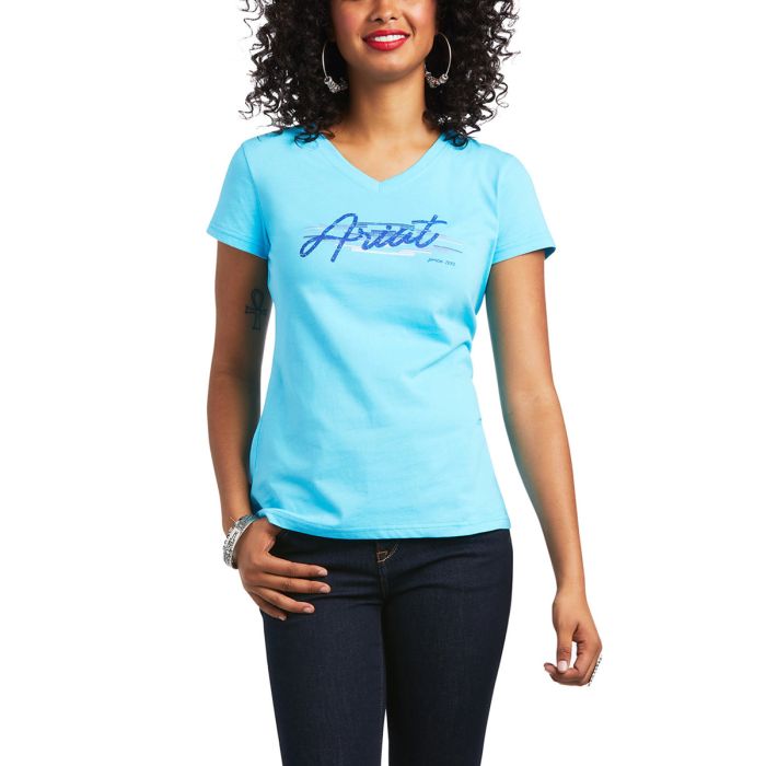 Ariat Ladies Real Logo Script Tee Bachelor Button