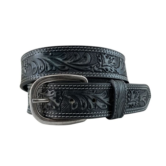 Roper 1.5" Floral Embossed Distressed Leather Belt - Black