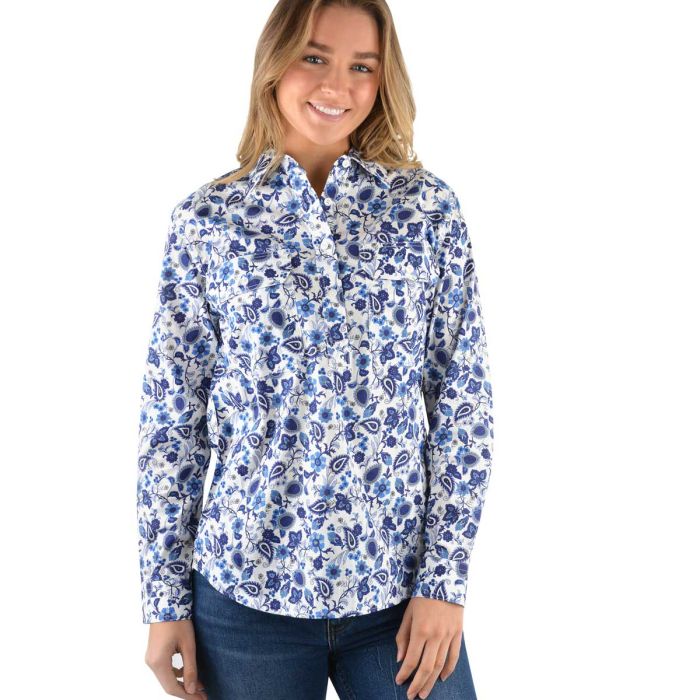 Hard Slog Ladies Aubrey Half Placket L/S Shirt - Blue Indigo - Sz 8 Only