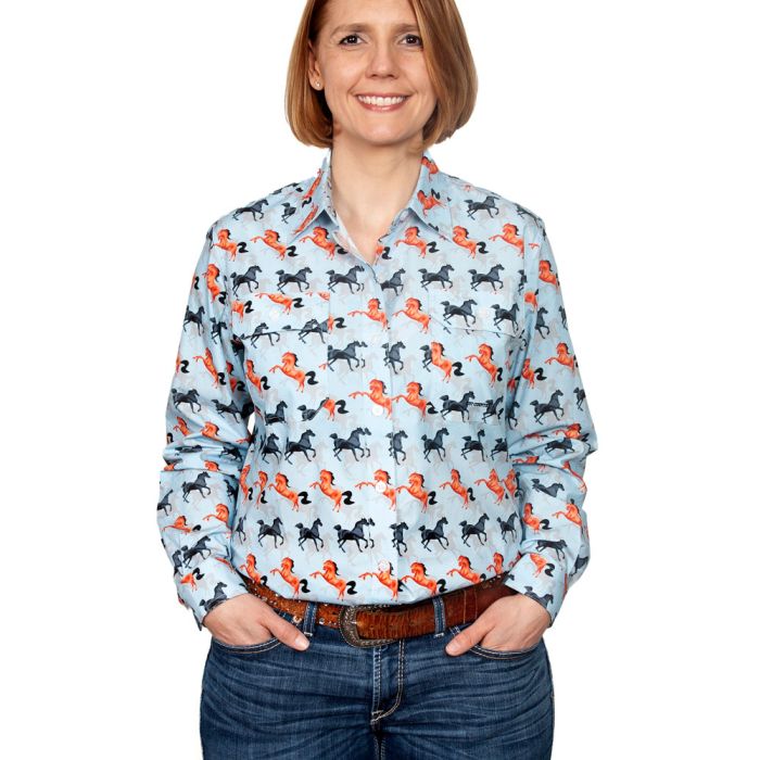 Just Country Abbey Print Shirt - Full Button - Sky Blue Horse