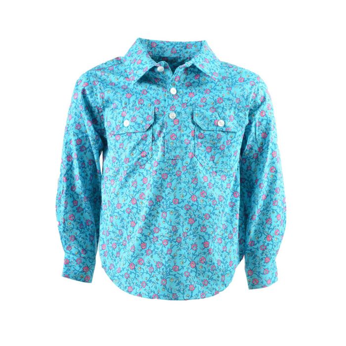 Hard Slog Kids Blake Half Placket L/S Shirt - Teal - Sz 16 Only