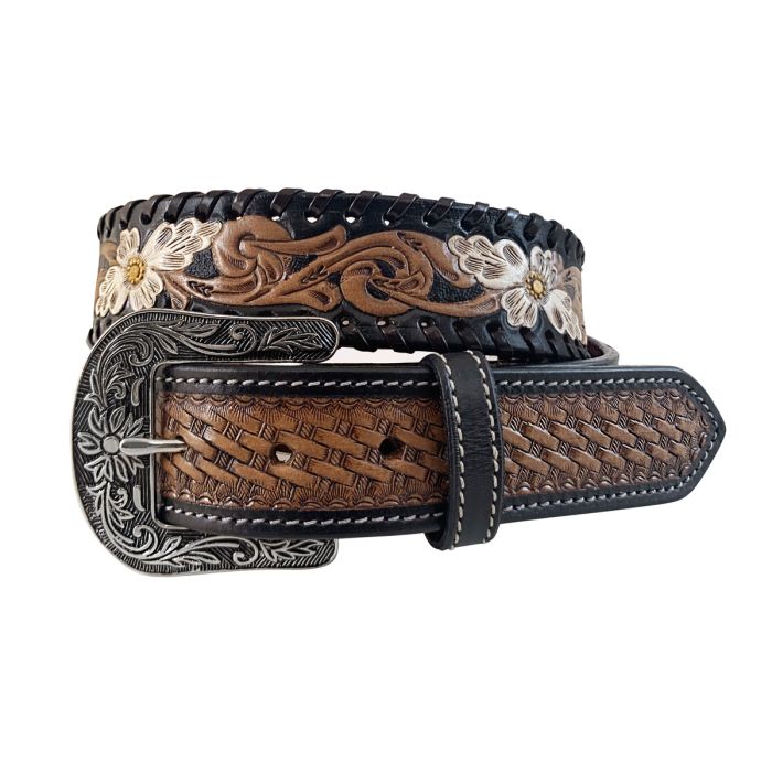 Roper 1.5" Western Floral Tooled Leather Belt with Basket Weave End Tabs - Brown Sz S Only