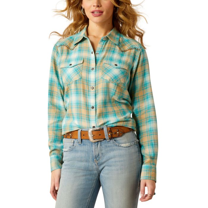 Ariat Ladies Roping Plaid Snap Long Sleeve Shirt - Breeze Plaid - Sz XL Only